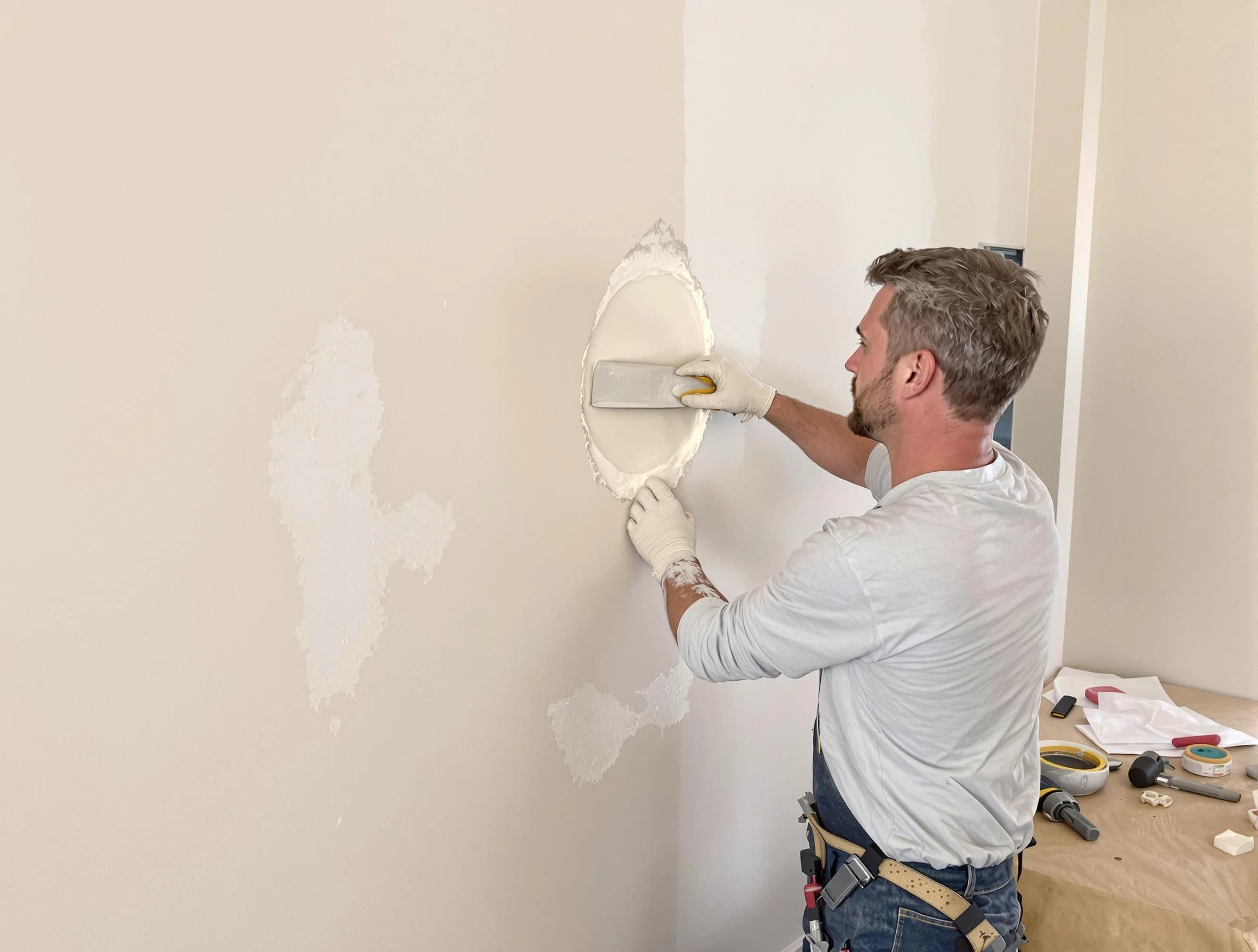 Hudson House Painters technician patching a drywall hole in Hudson, OH