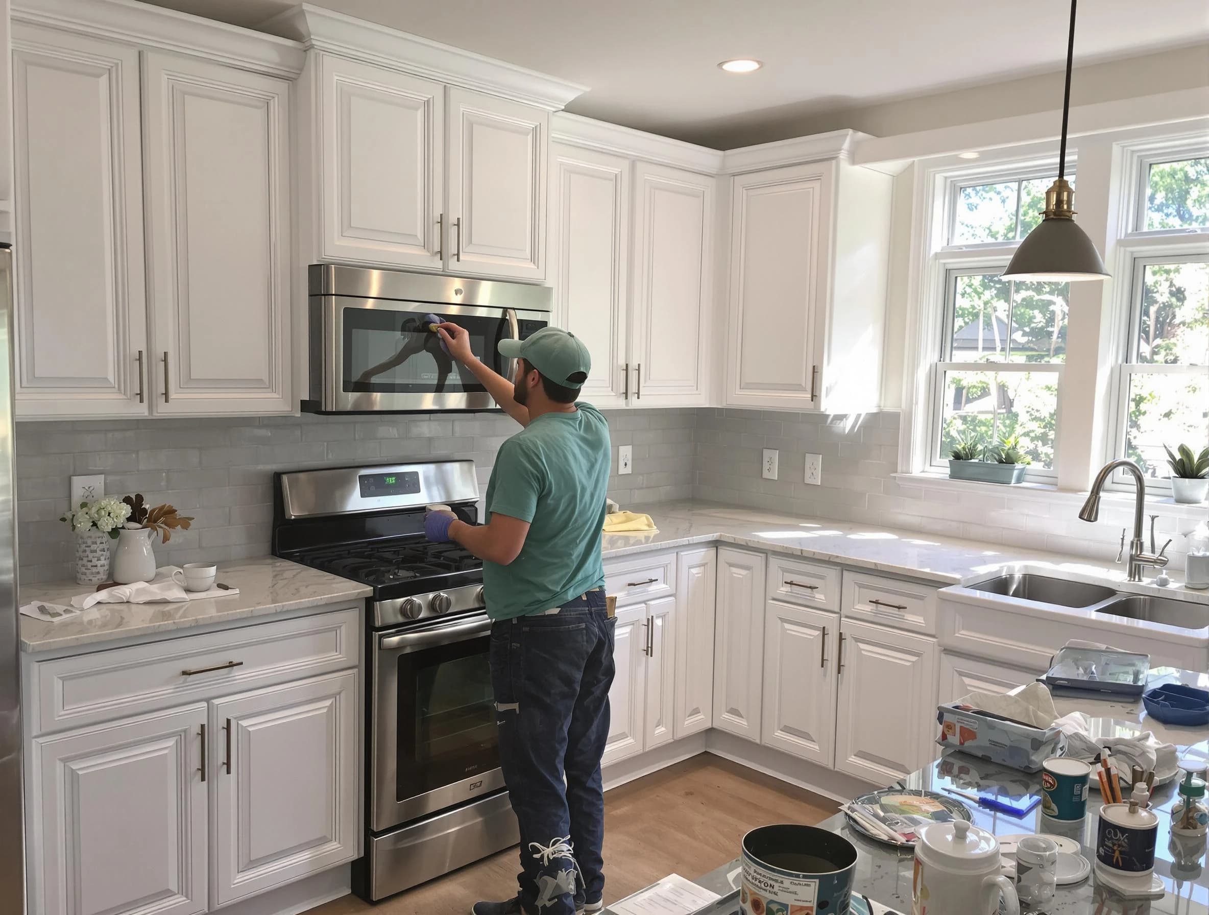 Kitchen cabinets being refinished by Hudson House Painters in Hudson, OH