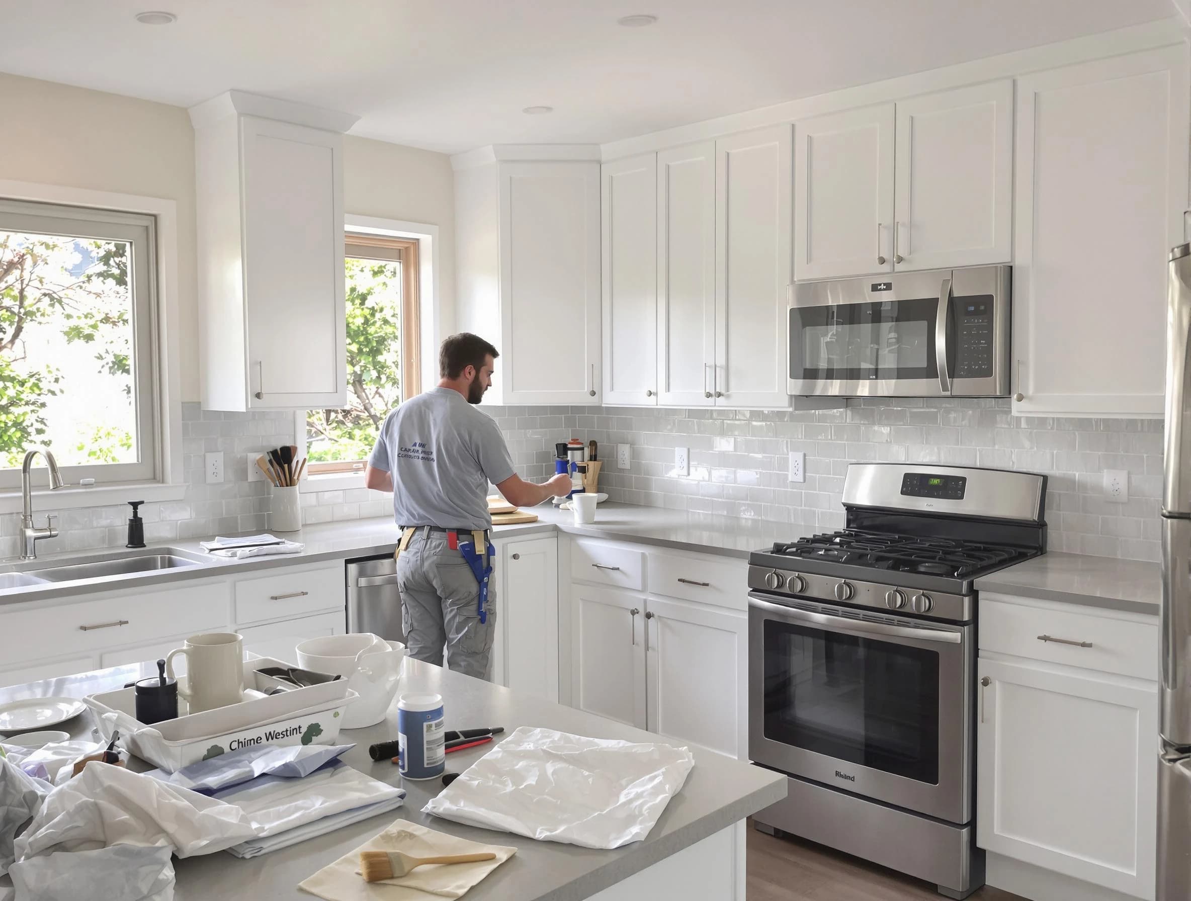 Hudson House Painters applying fresh paint on kitchen cabinets in Hudson