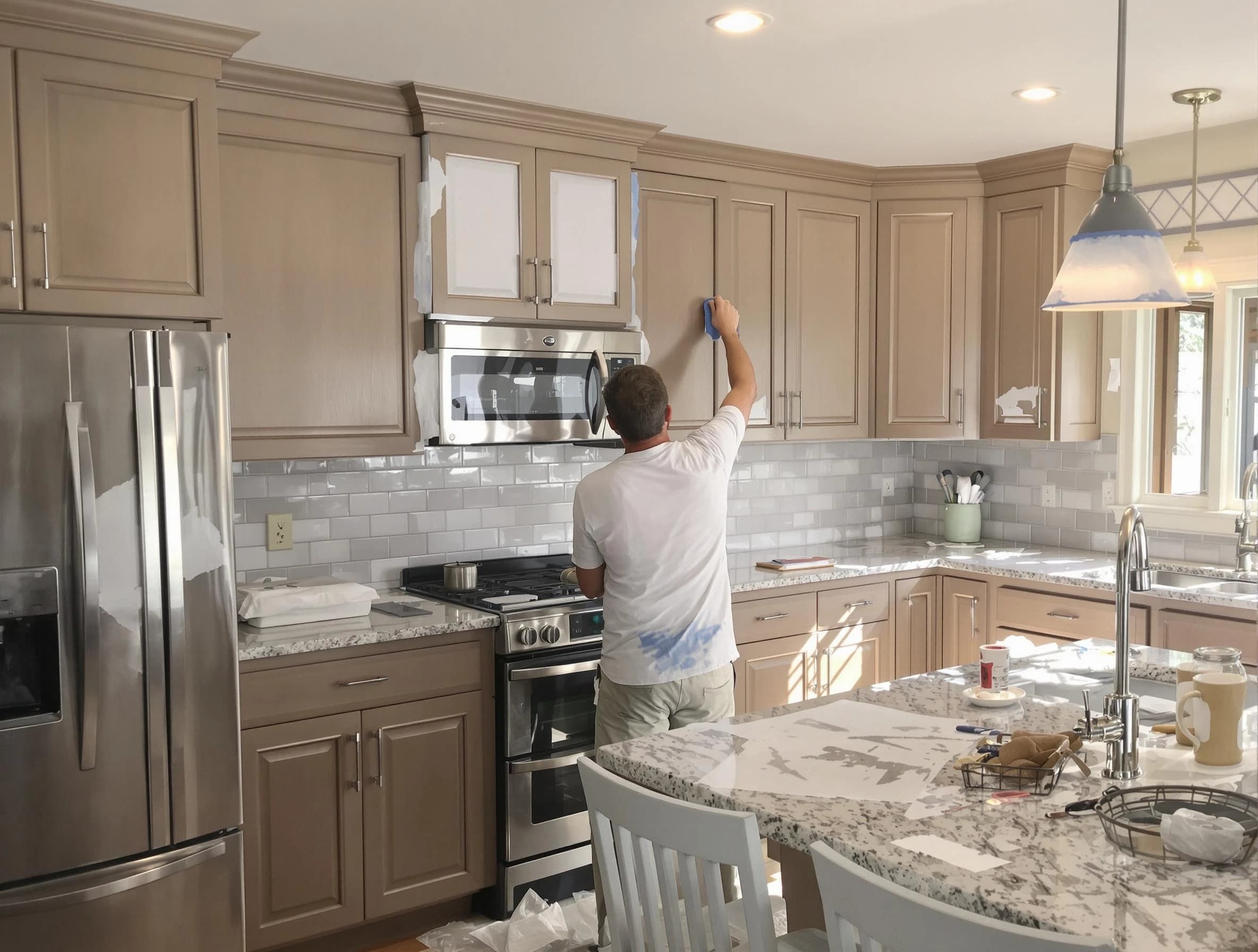 Before-and-after view of kitchen painting by Hudson House Painters in Hudson