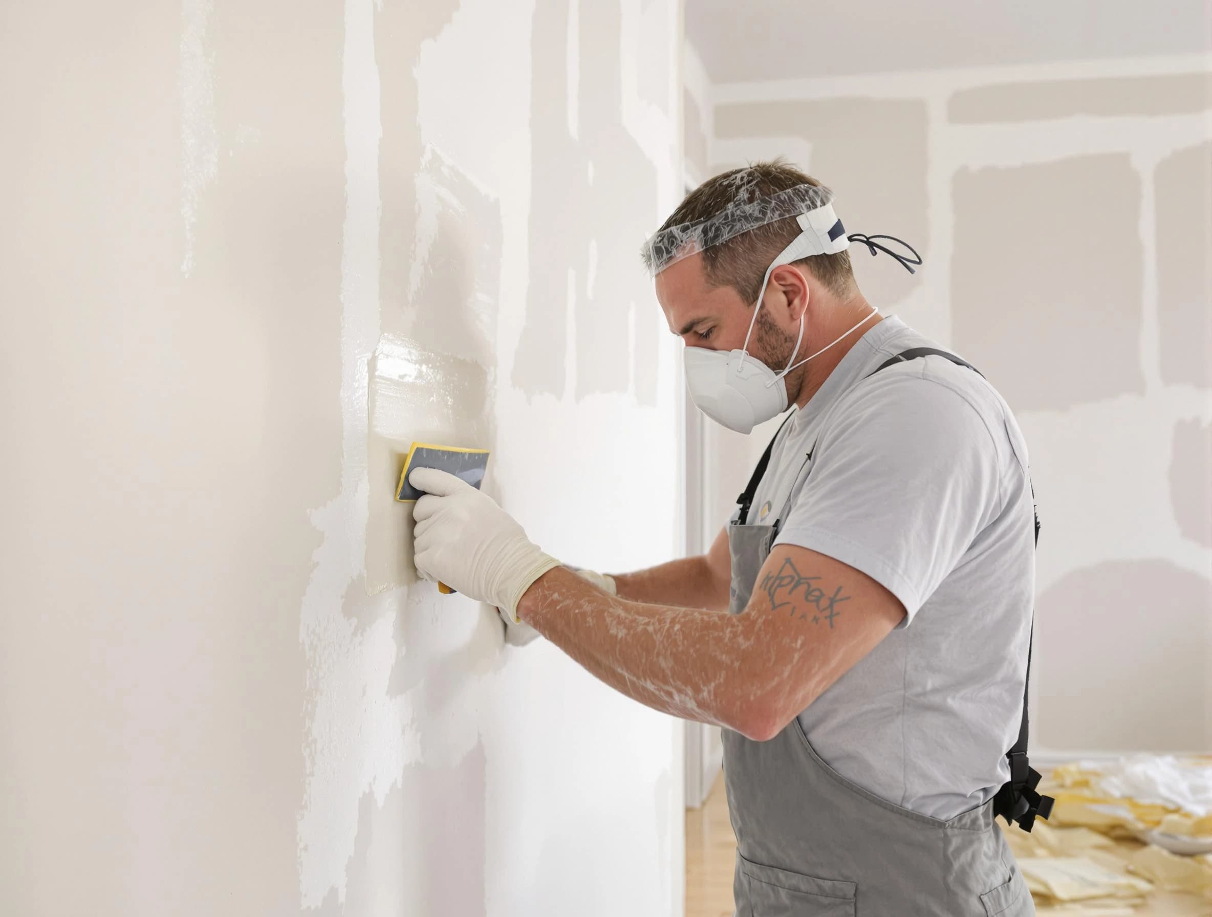 Hudson House Painters technician applying mud to drywall seams in Hudson, OH